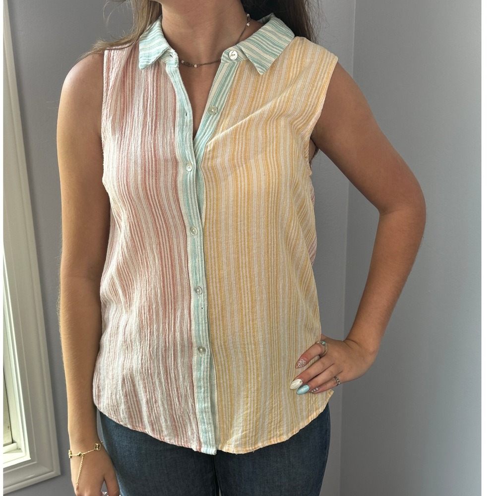 Womens Striped Colorblock Sleeveless Button Down Top Cotton Linen Pastel Medium